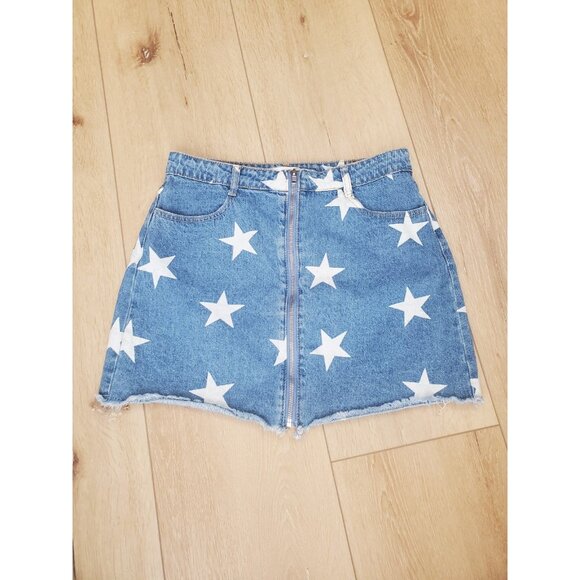Altard State Skirt Womens Size M Star Print Denim Mini Zip Up Cut Off Cowgirl - Picture 1 of 11